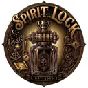 Logo Spirit Lock, bouteille et mécanisme à énigmes dorés